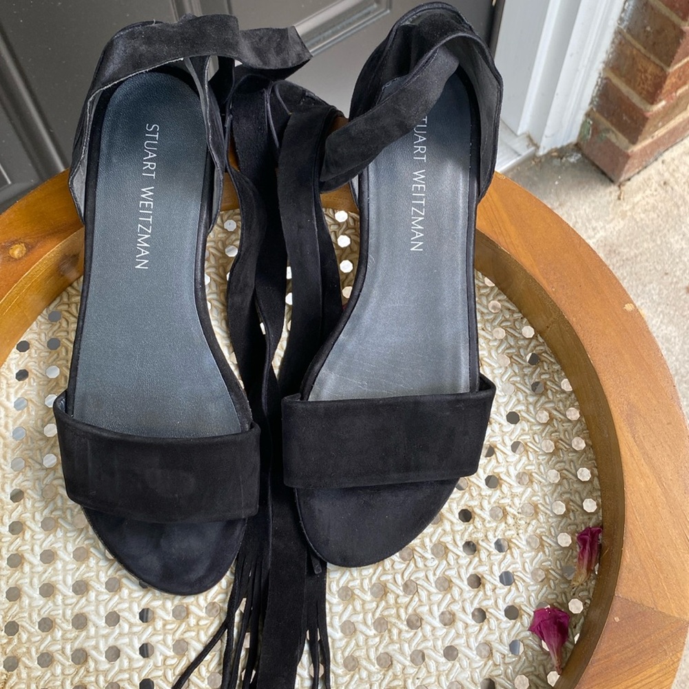 Stuart Weitzman 8.5 M Black Suede Corbata Wrap Fringe Ankle Tie Sandals Flats